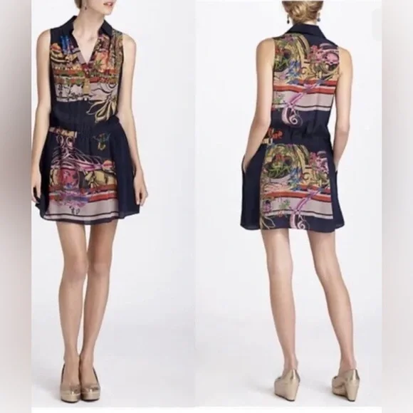 Anthropologie Leifnotes Silk Printed Blue Dress Size 6 - Picture 1 of 8
